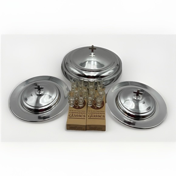Broadman Aluminum Metal Silver 8 Pc Communion Set Plus 48 Glasses 1970s USA